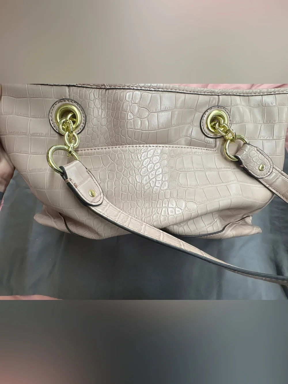 Liz Claiborne Y2K Blush Pink Croc Embossed Tote Shoulder Bag Gold Hardware